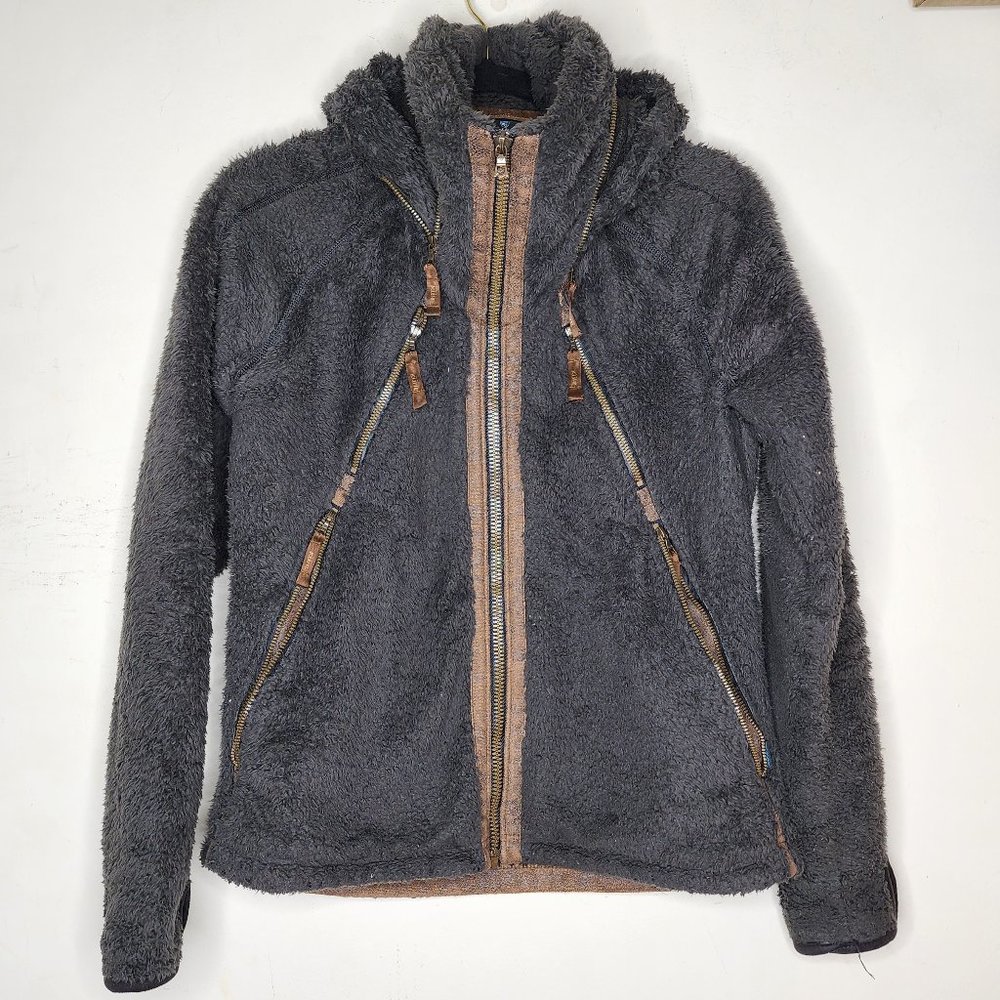 Kuhl Stowaway Gray Fuzzy Teddy Hidden Hoodie Full Zip Sweater, M Hiking Camping